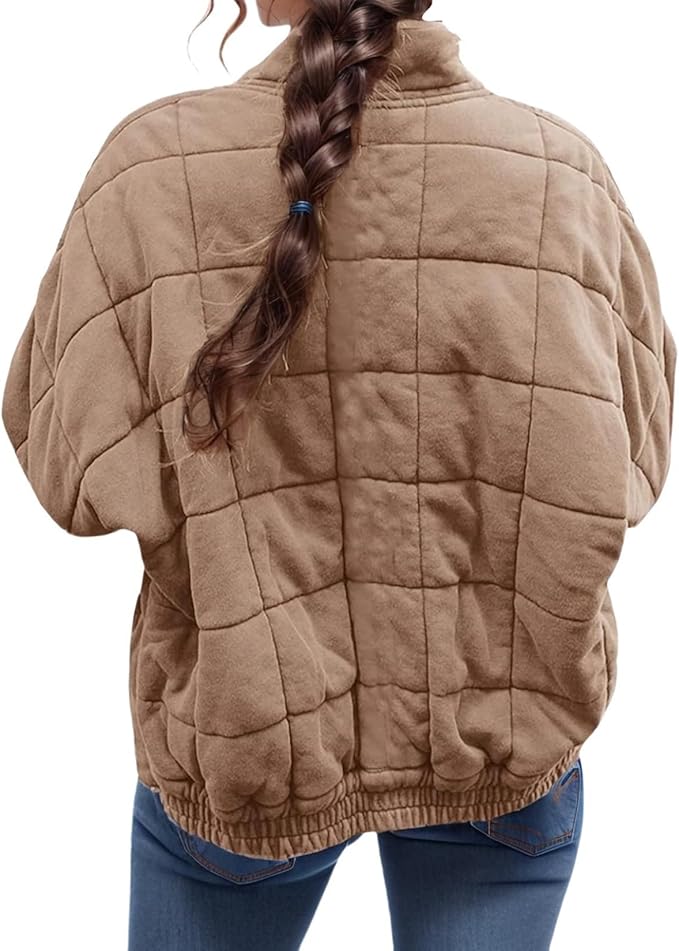 LIZALIG Warm Padded Coat for Women Full Zip Quilted Jackets Winter Oversized Causal Solid Color Stand Collar Pockets Coat