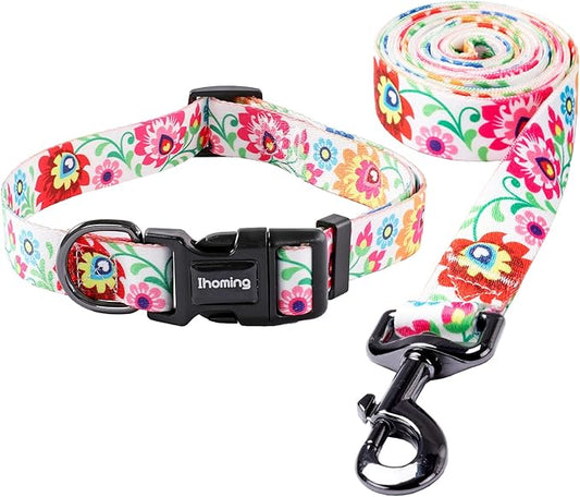 Ihoming Dog Collar and Leash Set for Daily Outdoor Walking Running Training, White Colorful Flowers Design for Small Boys Girls Dogs Cats Pets, S-Up to 20LBS
