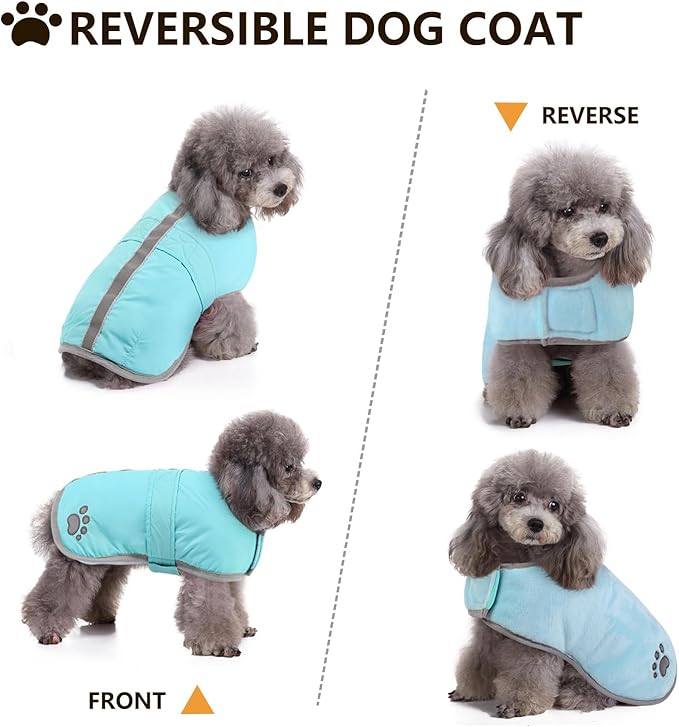 Queenmore Dog Winter Coat, Fleece Puffer Dog Down Vest, Cold Weather Pet Jacket for Dogs, Waterproof Reflective Reversible Dog Sweater Clothes for Small, Medium and Large Dogs (Light Blue, M)