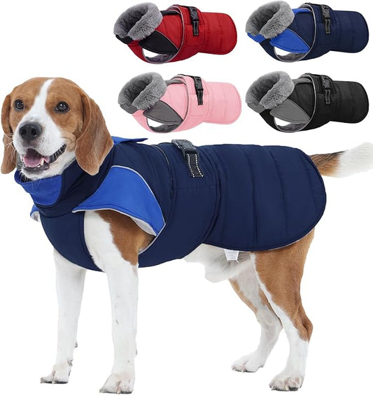 Nanaki Warm Fleece Lined Winter Coat Jacket Vest for Dogs, Waterproof Reflective Dog Snowsuit with Leash Hole, Furry Collar Medium Puppy Coat for Outdoor Walking Hunting, Easy On Pet Snowsuit Blue XL