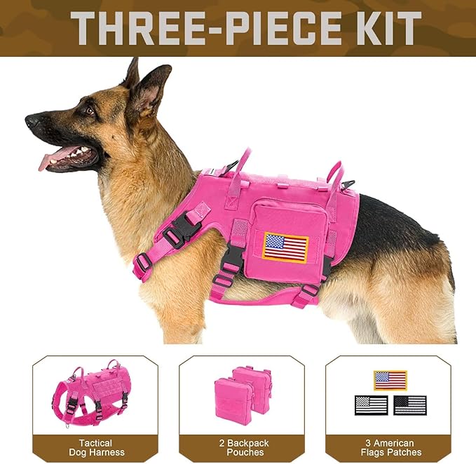 Forestpaw Dog Harness Medium Sized,Tactical Dog Harness with Handle,No Pull Military Style Service Dog Vest with Pockets Adjustable for Medium Large Dogs,Hot Pink,Chest 21.5-45"