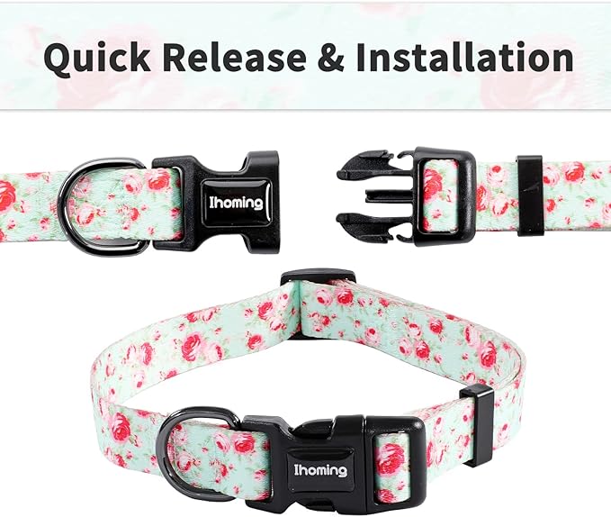 Ihoming Dog Collar and Leash Set for Daily Outdoor Walking Running Training, Floral GreenLake Design for Large Boys Girls Dogs Cats Pets, L-Up to 80LBS