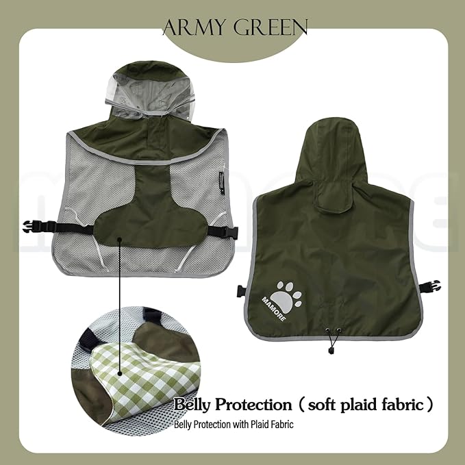 MAMORE Dog Raincoat Hooded Rain Jacket for Small Medium Large Dogs Slicker Poncho Bottom Waterproof Adjustable Reflective Breathable Leash Hole (Army Green, Large)