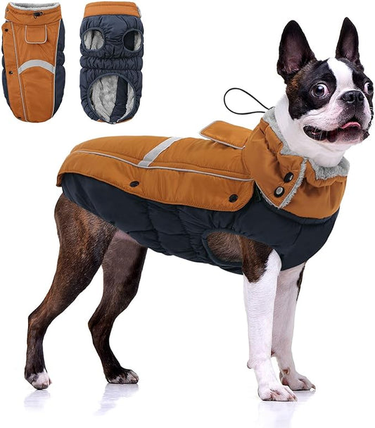 Queenmore Waterproof Dog Coat for Small Dogs,Reflective Windproof Dog Jackets with Leash Hole,Winter Dogs Coat with Zipper On Back,Warm Snowsuit with Fleece Lining（Brown,S