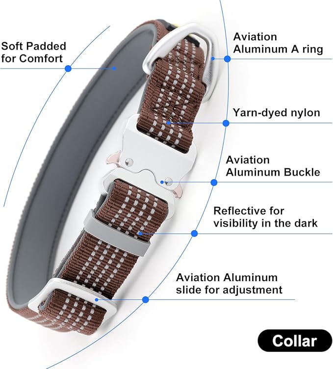 Plutus Pet Reflective Dog Collar with Aviation Aluminum Buckle, Neoprene Padded for Comfort, Lightweight, Heavy Duty Nylon Collar for Puppy Small Medium Large Dogs (Chocolate, XL)