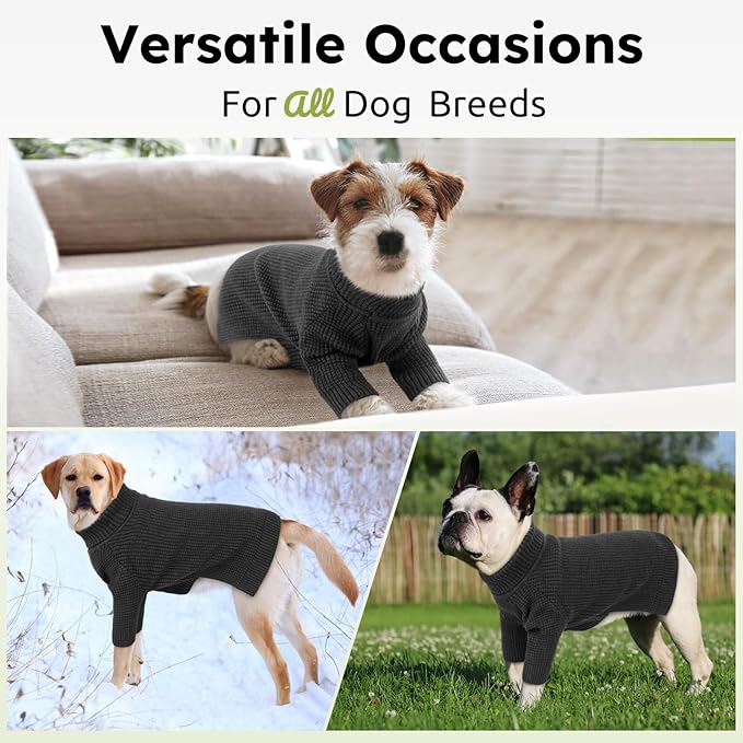 Queenmore Turtleneck Long Sleeve Knitted Dog Sweater With Check Pattern, Fall Winter Warm for Small Medium Large Dogs, Solid Pull-on Pet Sweater for Cats, Charcoal Gray L