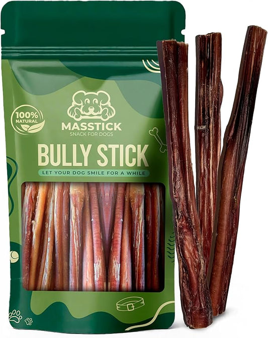 MASSTICK Bully Sticks for Dogs 6 Inch – Extra Thick, Long Lasting, Odor Free Beef Dog Chew Sticks – All Natural, Fully Digestible Treats for Small & Large Dogs – 8oz Bag