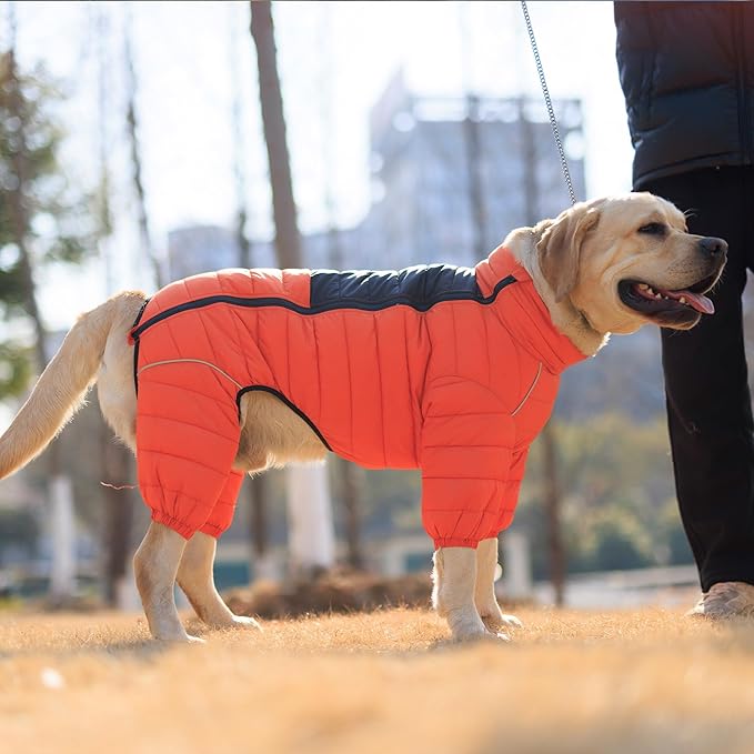 Orange S Warm Dog Vest, 4 Legs Covered Windproof Reflective Waterproof Outdoor Dog Snow Jacket - Zippered Adjustable Sizes for Small to Large Dogs