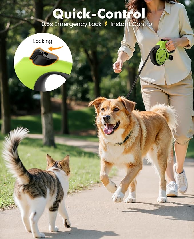 Retractable Dog Leash with Chew Proof Extender, 26ft Heavy Duty Retractable Pet Leash with Poop Bag Holder, Anti-Slip Grip, Reflective Leashes for Medium Large Pets up to 110 lbs(Green)