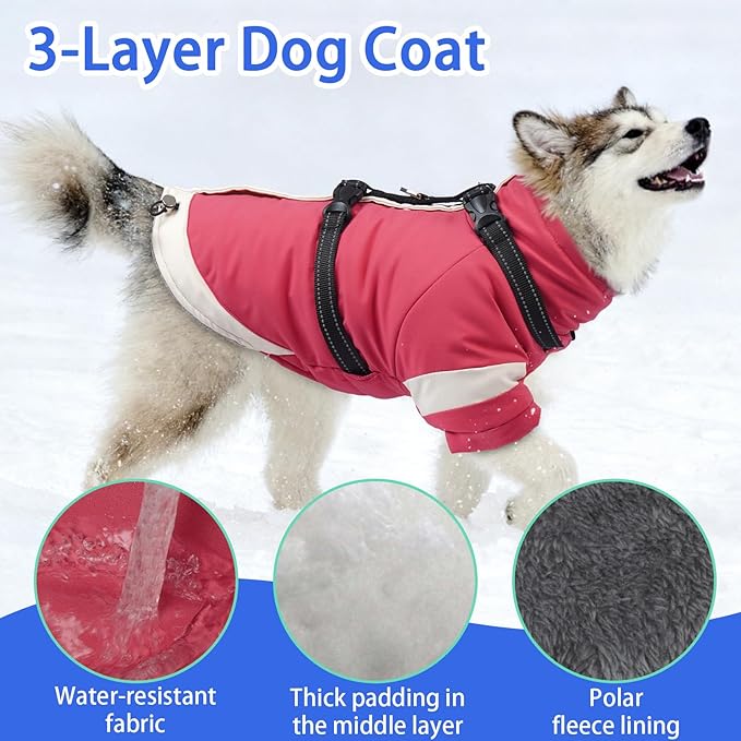 MIGOHI Dog Coat with Harness Built in, 2-in-1 Windproof Dog Winter Coat, Thermal Reflective Jacket with Back Zipper for Large Dogs Cold Weather, Labrador Retriever, Pink, 2XL
