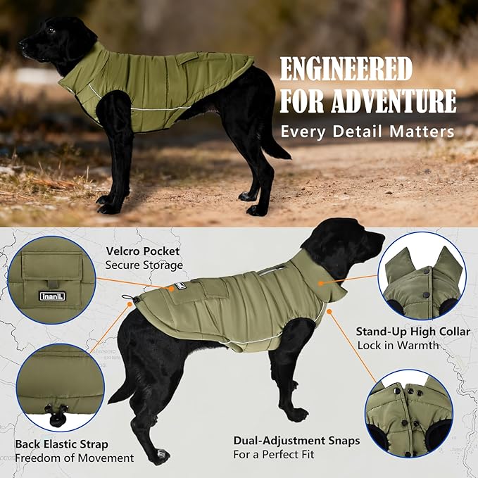 Dog Winter Jacket Waterproof, Reflective Fleece Lined Dog Coats for Small Medium Large Dogs, Warm Snow Coat for Dogs, Insulated Cold Weather Dogs Puffer Jackets with Leash Hole, Olive, 3XL