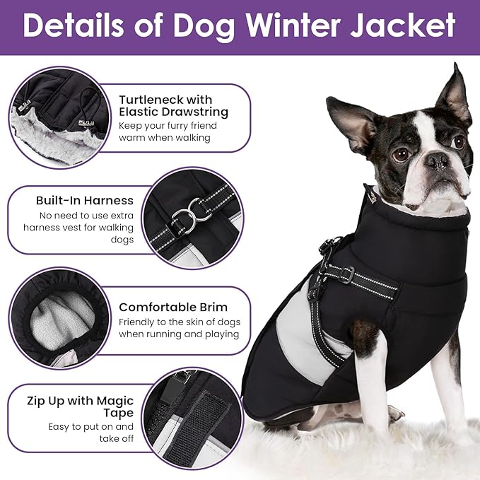 SUNFURA Small Dog Coat with Harness Built in, Warm Dog Jacket Winter with Zipper On Back, Waterproof Pet Snow Jacket Snowsuit Pet Sweater Clothes for Schnauzer, Yorkshire Terrier, Black S