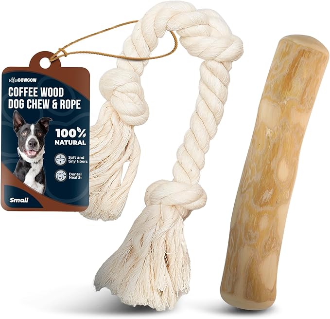 Coffee Wood Dog Chews 7.5" & Dog Rope Toys 100% Natural for Teething, Stress Relief, Dental Health, Organic Toys - Size S