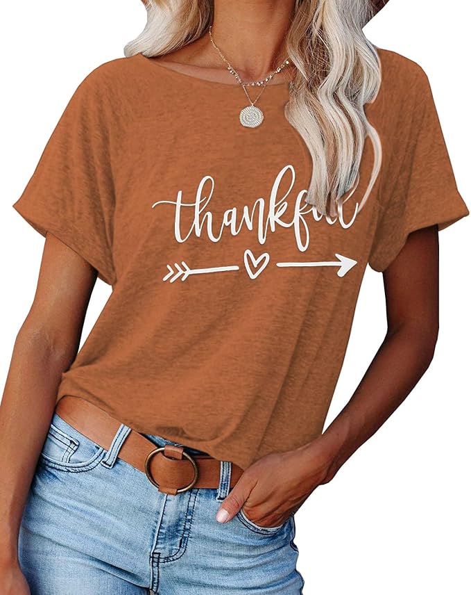 NIUBIA Women's T Shirts Summer Tops Simple Heart Graphic Shirts Sayings Short Sleeve Vacation Casual Blouse Thankful Tee