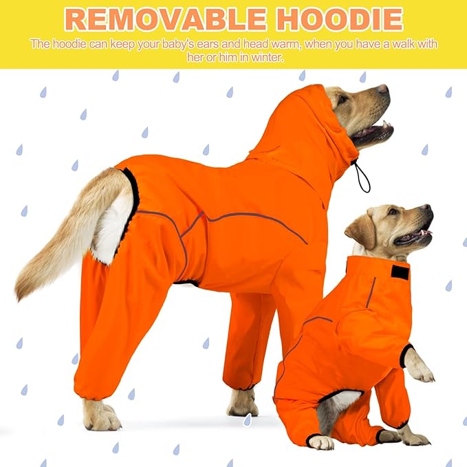 Dog Raincoat, Waterproof Dog Rain Jacket with Removable Hood，Adjustable 4 Legs Pet Poncho with Leash Hole，Reflective Stripe Hooded Snowproof Windproof Clothes for Small to 3X-Large Dogs, M