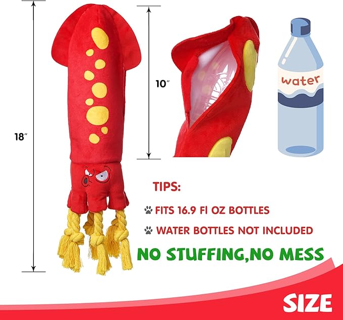 Water Bottle Dog Toys - Dog Puzzle Squeaky Enrichment Treat Dispensing Rope Snuffle Plush Toy, No Stuffing Durable Soft Crunchy Toys for Small Medium Large Dogs Puppy - Octopus Squid
