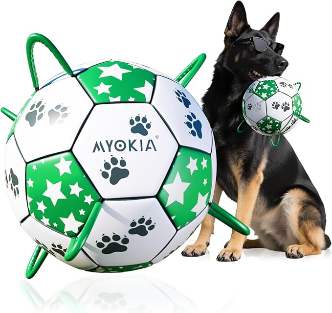 Size 3 Interactive Dog Football with Strap, White & Green, Eye-Catching Star and Paw Print Design, Ideal Outdoor Training Pet Toy, Perfect Choice for Medium & Large Dogs' Playtime