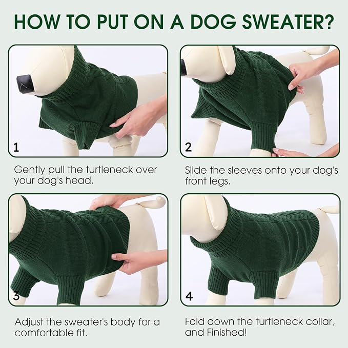 Dog Sweaters for Small Dogs Classic Turtleneck Dog Christmas Sweater Thick Warm Pullover Male Puppy Pet Stretch Knitwear Fall Winter Clothes with Leash Hole(Green, S)