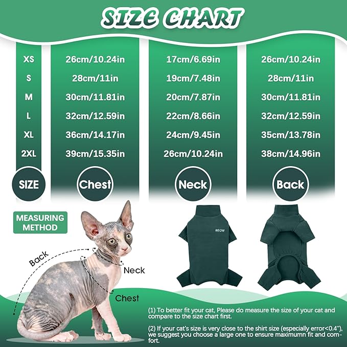 ROZKITCH Hairless Cat Clothes, Breathable Soft Jumpers for Cats Only, Coat with Four Legs, Warm Sweater T-Shirt Cat Pajamas Jumpsuit Vest Cornish Rex Devon Rex Peterbald DarkGreen 2XL