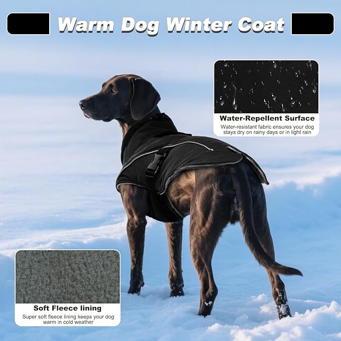 DENTRUN Large Dog Coat - Thick Fleece Lined Reflective Winter Jacket, Snap Closure & Leash Hole, Warm Thick Fleece Lined, Plush Turtleneck Vest for German Shepherd, Black, XXL