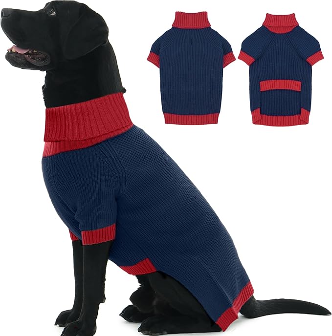 Dog Sweater XXXL, Turtleneck Sleeve Sweater with Leash Hole, Stretchy Christmas Sweaters for Large Dogs Male Female, Holiday Knitted Jumper for Husky, Golden Retriever, Doberman, NavyBlue 3XL