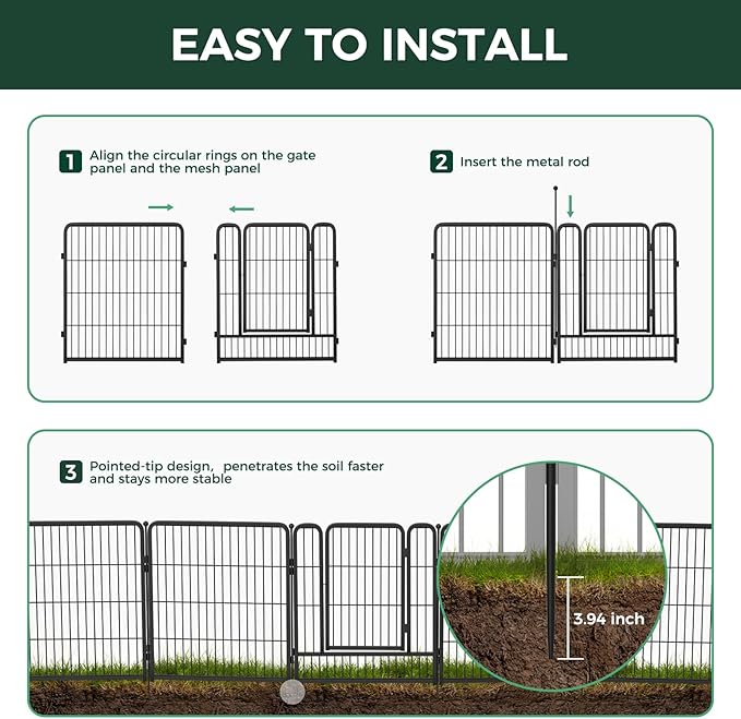 FXW Garden Fence Outdoor for The Yard – 32in(H) x 27.3ft(L) Heavy Duty Metal Animal Barrier for Dog and Rabbit, Decorative Dog Fence, 12 Panels, Black