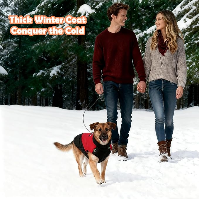Fleece Lined Dog Coats Extra Warm Dog Winter Coat,Waterproof Dogs Jacket for Medium to Large Dogs,Cold Weather Winter Clothes Turtleneck Windproof Reflective Pet Vest (Red & Black, 2XL)