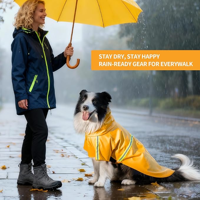 Dog Raincoat, Waterproof Windproof Dog Rain Jacket Adjustable, Rain Coat with Leash Hole, Reflective Strap Raincoat Poncho for Small Medium Large Dogs Outdoor (Reflection-Yellow, Small)