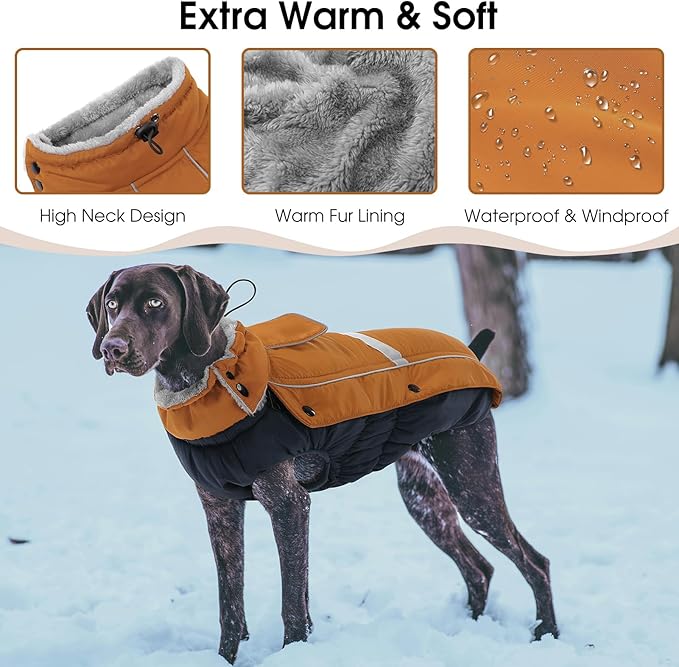 Queenmore Warm Fleece Dog Jacket with Leash Hole - Cold Weather Waterproof Dog Snow Jacket & Reflective Turtleneck Coat for Small-Medium & Large Dogs (Brown, L)