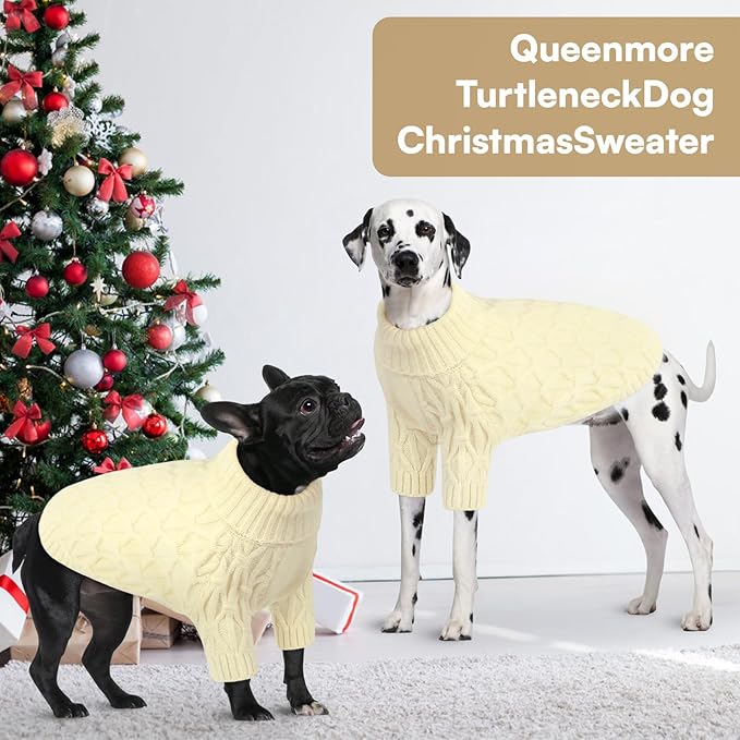 Queenmore Large Dog Sweater,Dog Sweaters for Large Dogs Male Female,Thanksgiving Fall Knit Sweater for Dogs,Turtleneck Thick DogSweaters,Winter Knitwear Pet Clothes for Corgi,French Bulldog(Beige,L)