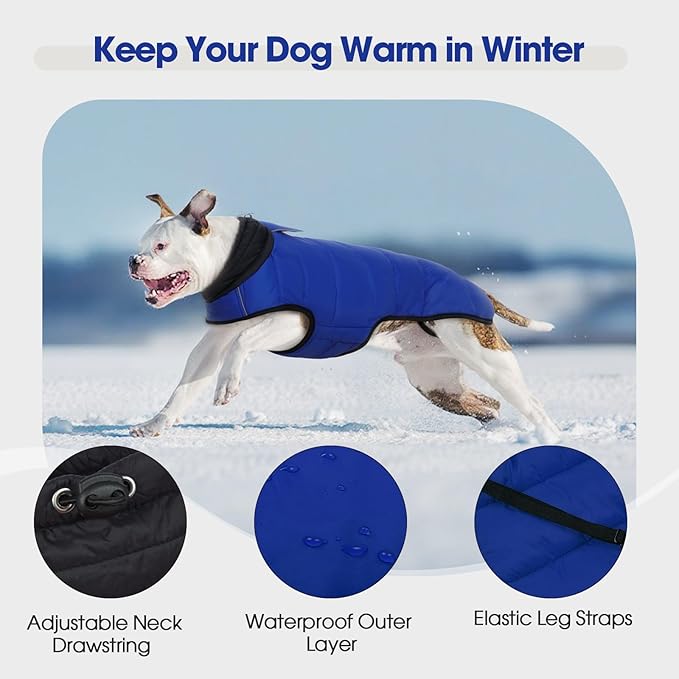 IDOMIK Dog Winter Coat, Warm Waterproof Dog Puffer Jacket with Harness Hole, Adjustable Reflective Snow Jacket Vest with Turtleneck, Pet Cold Weather Coats for Large Dogs,Blue,2XL