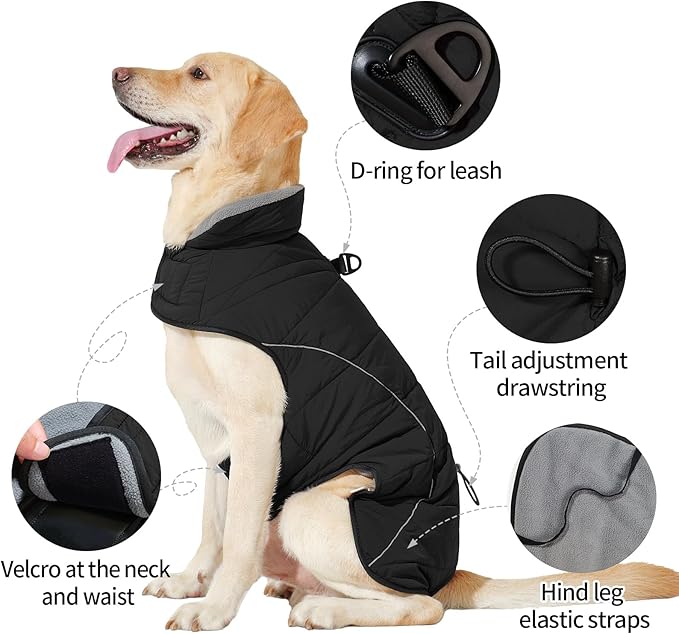 HEYWEAN Dog Winter Coat - Waterproof Windproof Reflective Vest for Medium & Large Breeds Adjustable Warm FleeceLined Jacket with Magic Tape & D-Ring for Leash Cold Weather Apparel (Black, Medium)