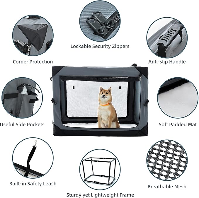 Pettycare 36 Inch Collapsible Crate for Large Dogs, 4-Door Foldable Soft Kennel with Chew Proof Mesh Windows for Indoor & Outdoor Travel