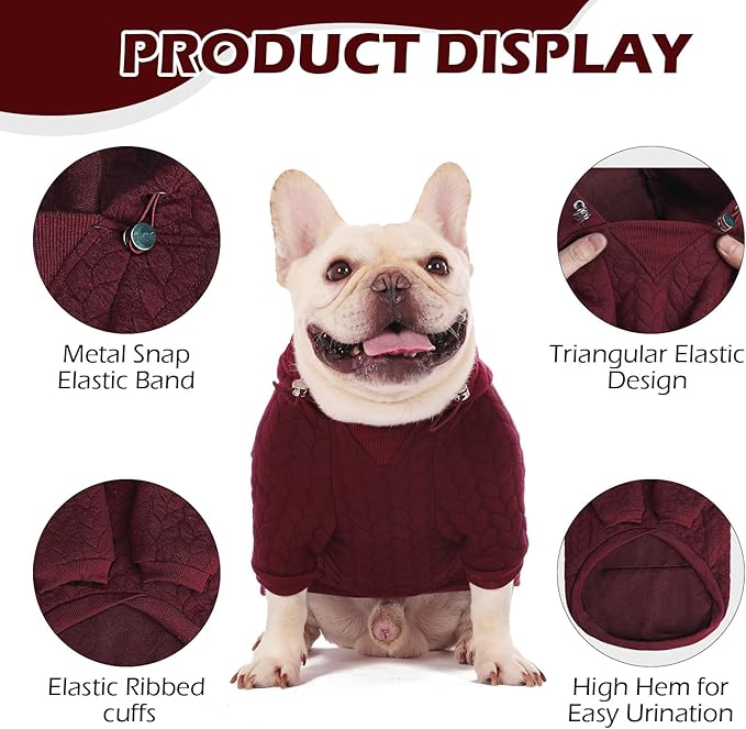 EXPAWLORER Textured Cable Knit Basic Dog Hoodie, Elevated Style Dog Sweater with Leash Hole and Pocket, Soft and Warm Pet Winter Coat, Cold Weather Clothes for Small Medium Large Dogs,Wine Red S