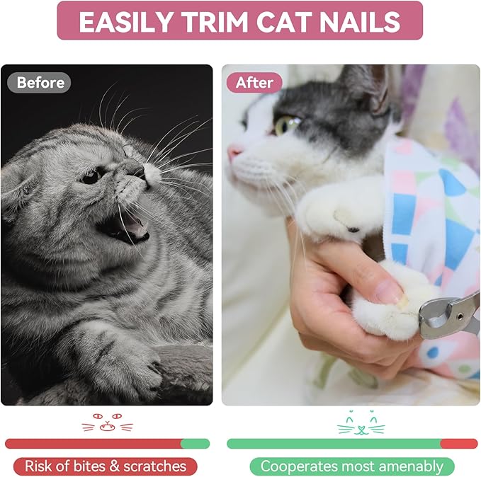Cat Grooming Wrap for Cutting Nails, 27.6" Anti-Escape Calming Cat Swaddle Wrap for Medicine, Nail Clipping, Teeth Brushing, Ear Cleaning, Self-Adherent Burrito Restraint, (CatLand, L)