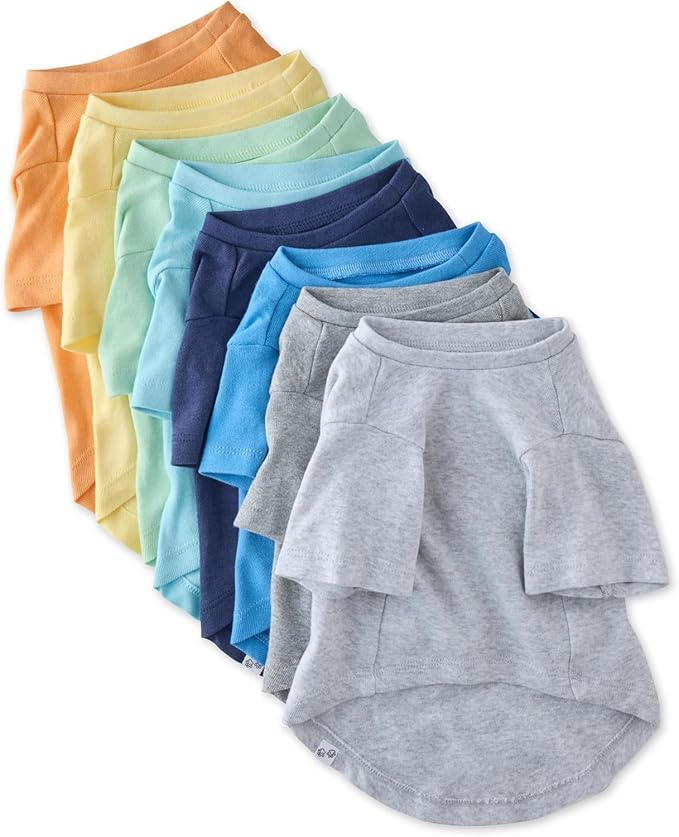 Toby II - The Perfect Tee, 8 Pack Short Sleeve Pet T-Shirt 100% Organic Cotton Tees Clothes for Small, Medium, Large Dogs, Rainbow Blue, Large