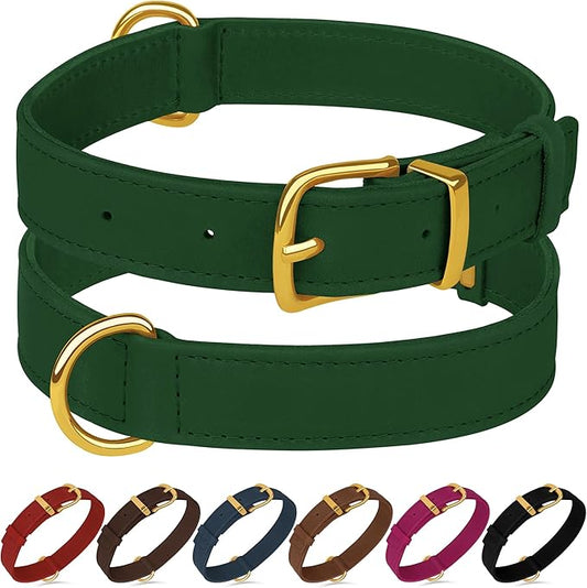 Leather Dog Collar - Heavy Duty Adjustable Soft Padded Pet Collars for Small Medium Large Dogs Breed - Black Green Brown Pink Red Blue (Green, XL, 19"-24" Neck Fit)