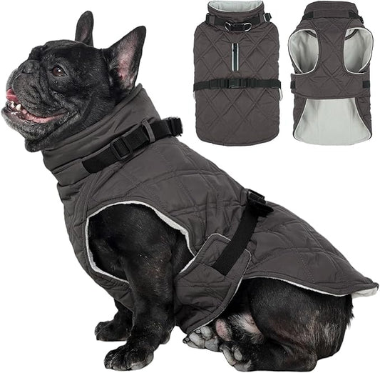 Kuoser Dog Coat Warm Fleece Lining Turtleneck Dog Jacket with Harness Built-in, Adjustable Windproof Cold Weather Coats with Quick Release Buckle Pet Winter Snowsuit for Small Dogs, Grey S
