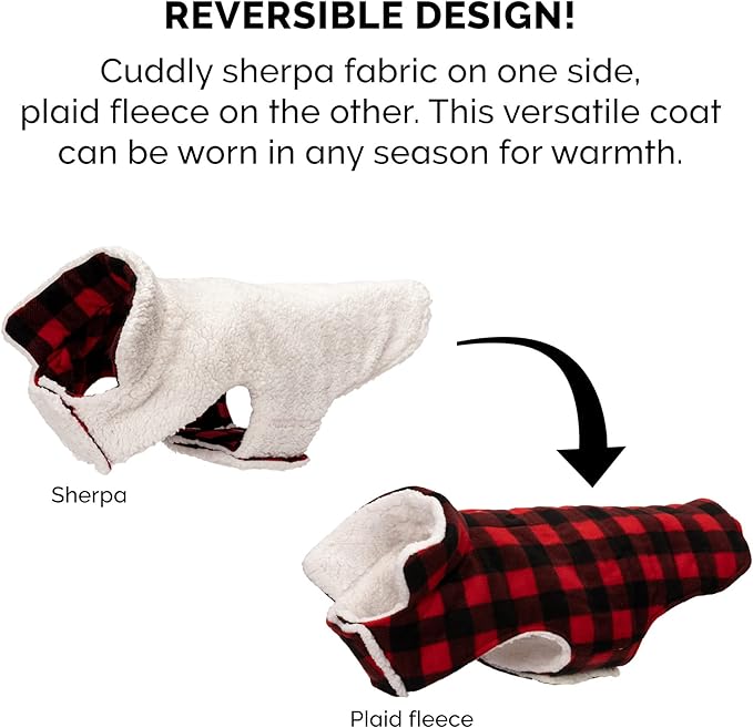 Furhaven Reversible XL Dog Coat, Washable & Insulating w/ Leash Access - Sherpa & Plaid Fleece Flex-Fit Jacket - Cream/Red, Extra Large
