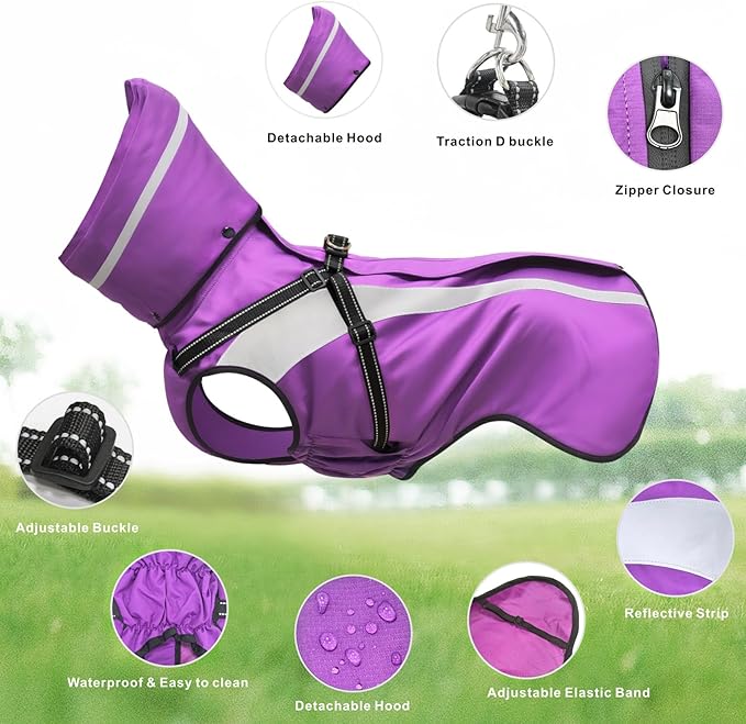 Mosucoirl Dog Raincoat Waterproof Raincoats for Dog Reflective Dogs Rain Jackets with Hood Hoodie Pet Rain Poncho Coat for Small Medium Large Dogs Puppies S-XXL (Purple, XL)