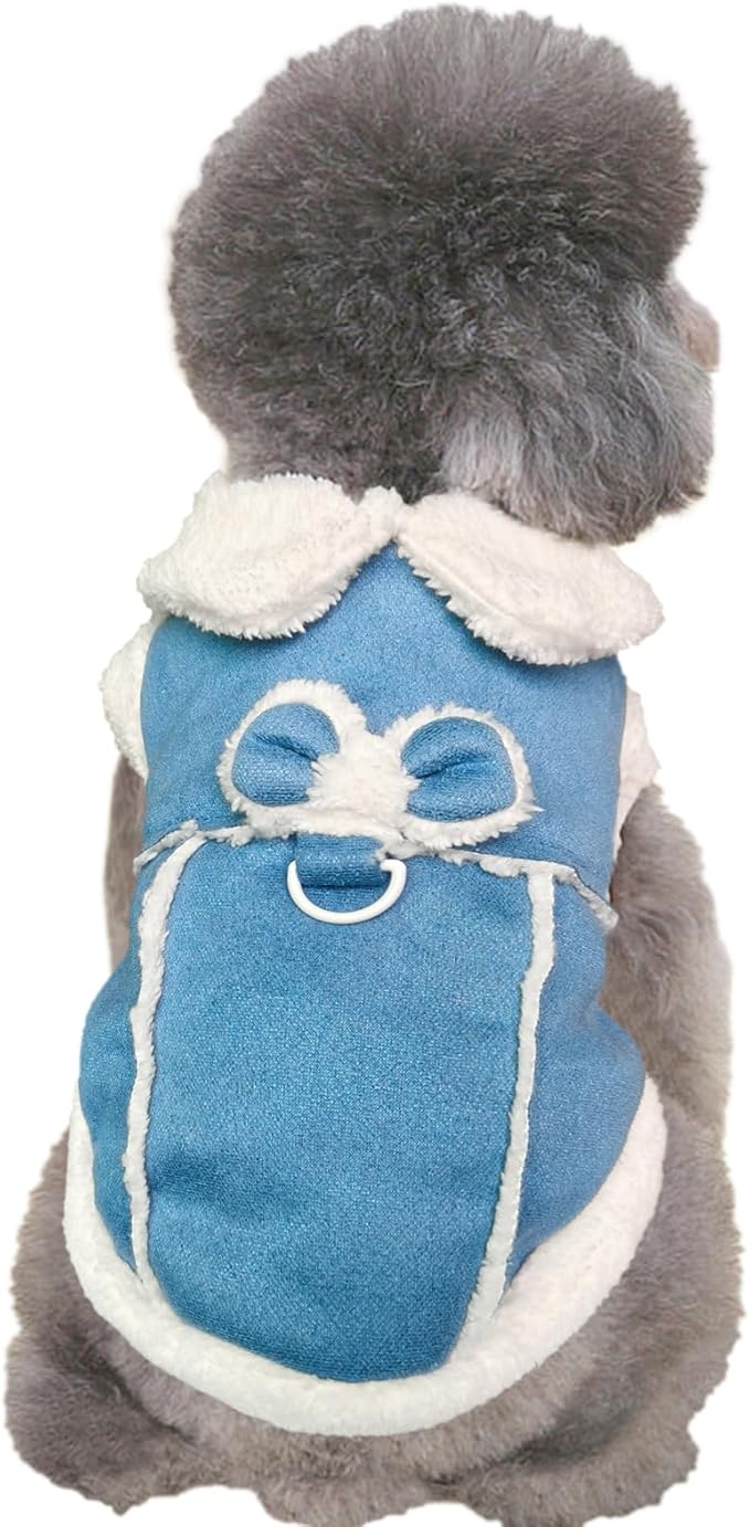 Jecikelon Bowtie Dog Cold Weather Coat Fleece Lining Warm Pet Puppy Turtleneck Dogs Winter Clothes for Small Dogs with D-Ring (Blue, Small)