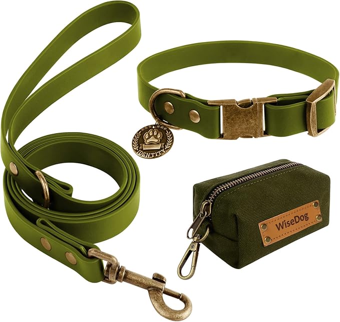 Wisedog Dog Collar and Leash Set, Waterproof Adjustable Puppy Collars with Cute Tag 6FT Dog Leash with Poop Bag for Small Medium Large Dogs (S, Green)