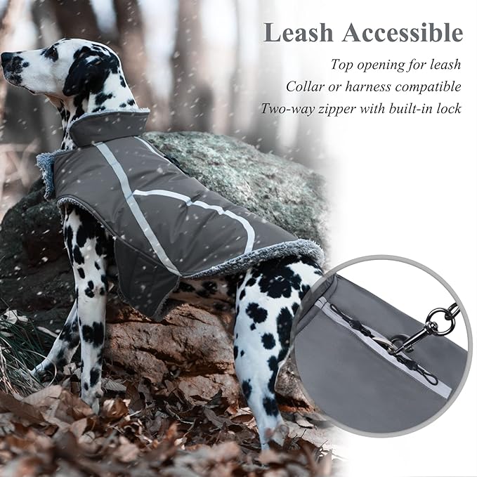 VIVAGLORY Frostfit Dog Coat, Dog Jacket for Winter & Cold Weather, Warm Fluffy Fleece Lined Water Resistant Reflective for Puppy, Coat with Velcro Fastening & Leash Hole, M, Grey