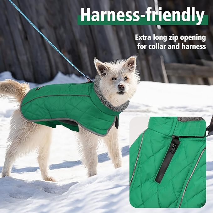 Fragralley Dog Coat Medium, Waterproof Dog Jacket with Warm Fleece Lining, Adjustable Reflective Dogs Winter Coat, Turtleneck Pet Coats for Cold Weather (Green M)
