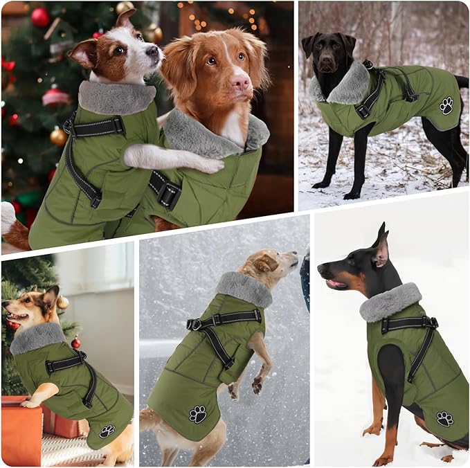 Doglay Dog Coat with Harness, Reflective Warm Dog Jacket Waterproof Puppy Winter Coat for Cold Weather, Adjustable Fleece Jacket for Small Medium Large Dogs