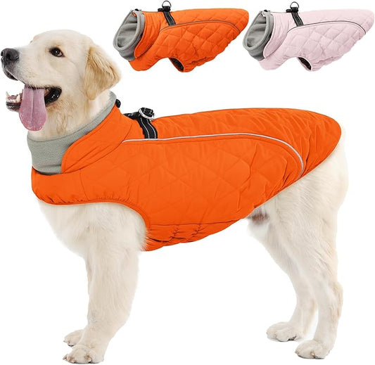 Dog Coat with Harness Built in -Orange,Large- Fleece Lined Dog Snow Jacket Snowsuit，Adjustable Reflective Winter Warm Cold Weather Coat