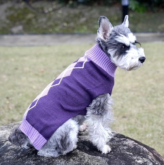 Argyle Knit Pet Sweaters Clothes for Medium Dogs, Classic Purple Dog Sweater X-Large (XL) Back Length 19"