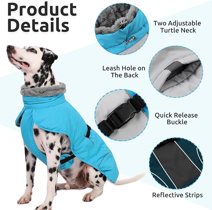 Queenmore Dog Jackets for Largeb Breeds, Large Dog Coats Winter Waterproof, Thick Fleece Lining Pet Coats for X-Large Dogs Winter, Blue, XL