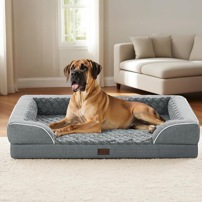 Orthopedic XXL Dog Beds, Waterproof Memory Foam Big Bolster Pet Bed for Extra Large Sized Dogs 53x42Inch, Non-Slip Bottom and Egg-Crate Foam Dog Couch Bed with Washable Removable Cover, Grey