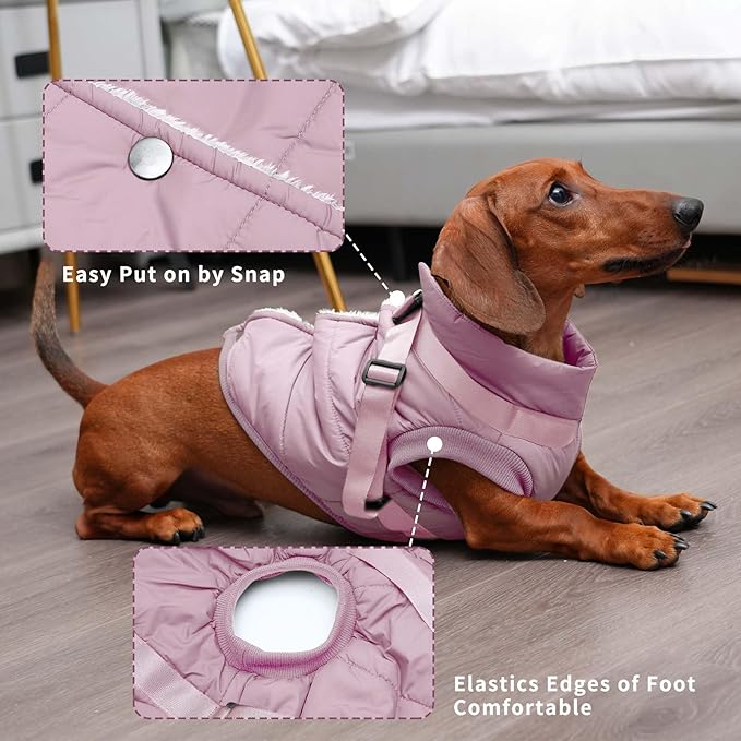 Dog Jacket with Harness,Fleece Lined Warm Puppy Coat for Winter,Soft Windproof Small Dog Vest,Light Pink S